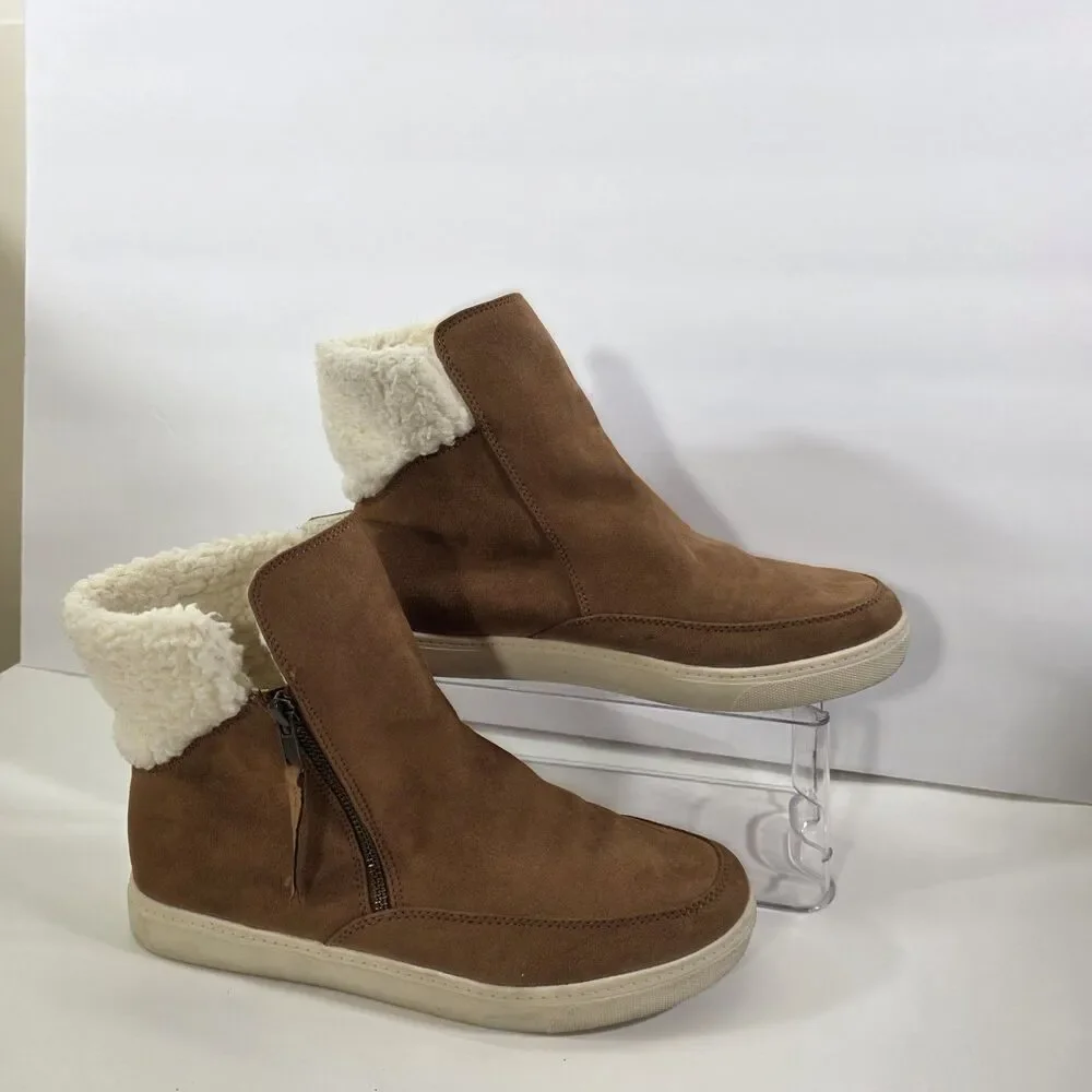Universal Thread Faux Shearling Sneaker Boots Womens 10 Brown Cozy Winter Zip...